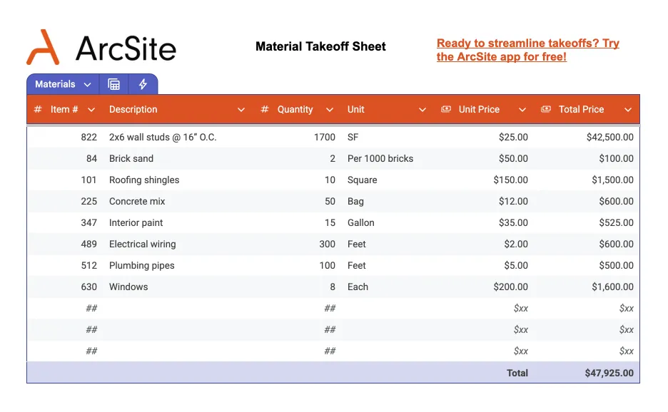 Example material takeoff sheet